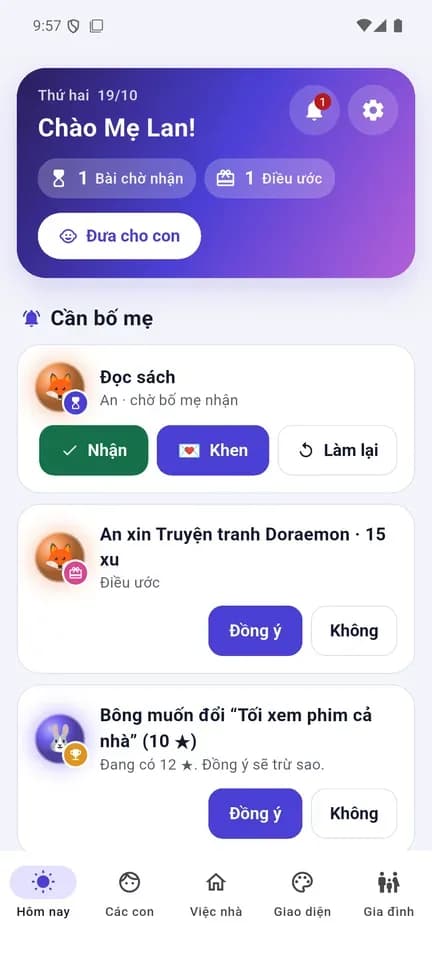 Tab Hôm nay trên điện thoại của bố mẹ