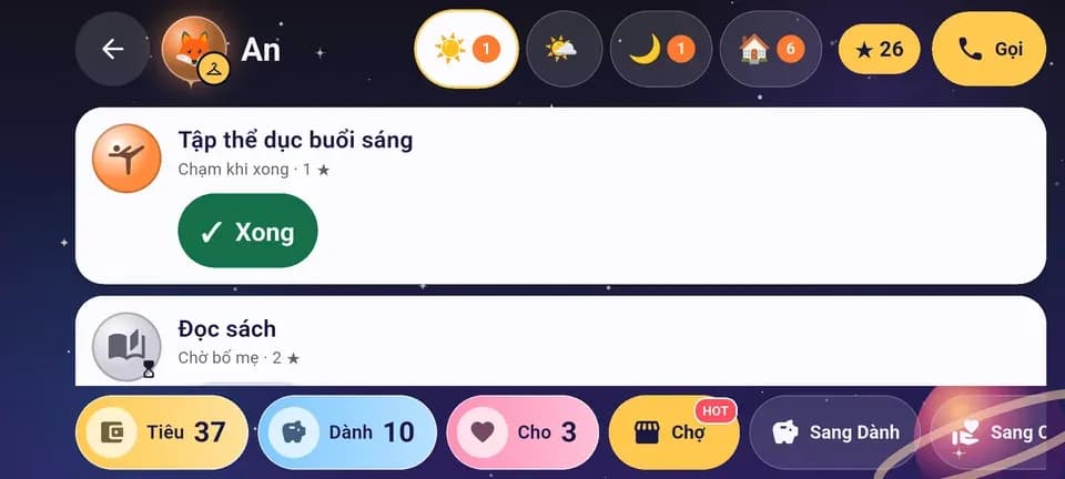 Cột của con buổi sáng và ba hũ Tiêu, Dành, Cho
