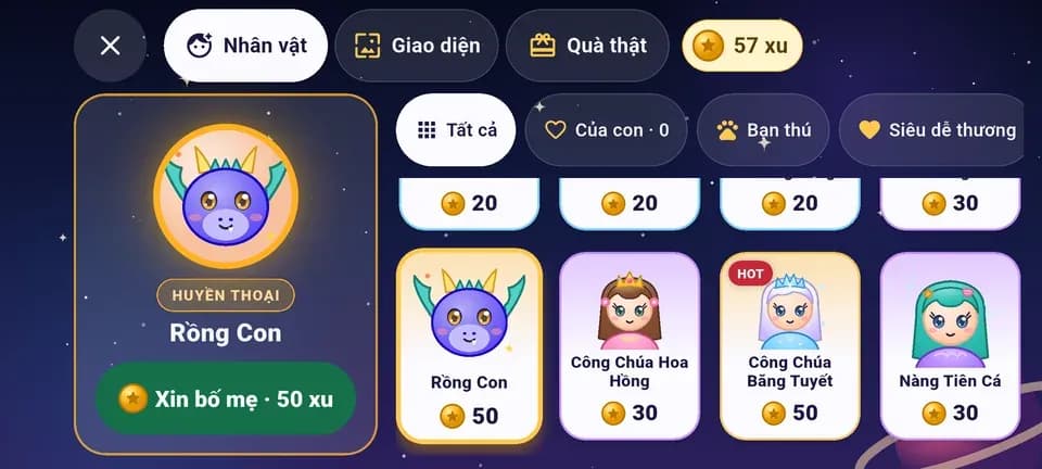 Chợ nhân vật: con bấm Xin bố mẹ